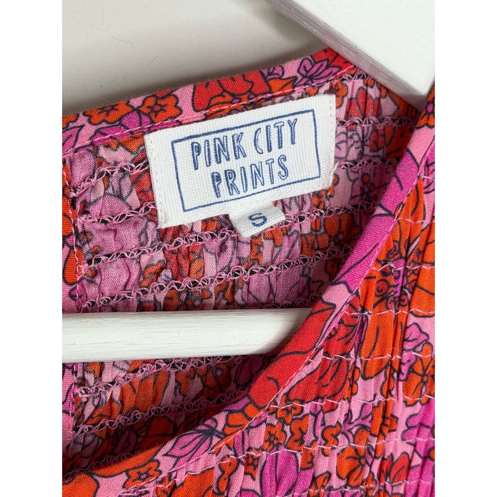Pink City Prints Poppy Isabel Classic Smocked Floral Midi A-Line Dress Pink S - Picture 4 of 11